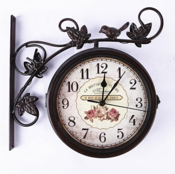Retro Antique Iron Double Sided Outdoor Wall Clock with Bird Decoration