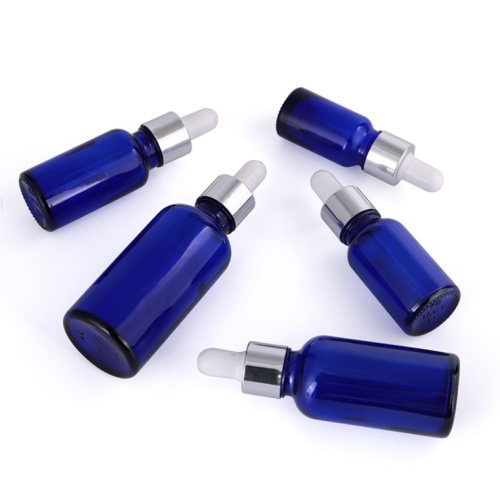 1oz Blue Glass Round Bottles with Black Droppers