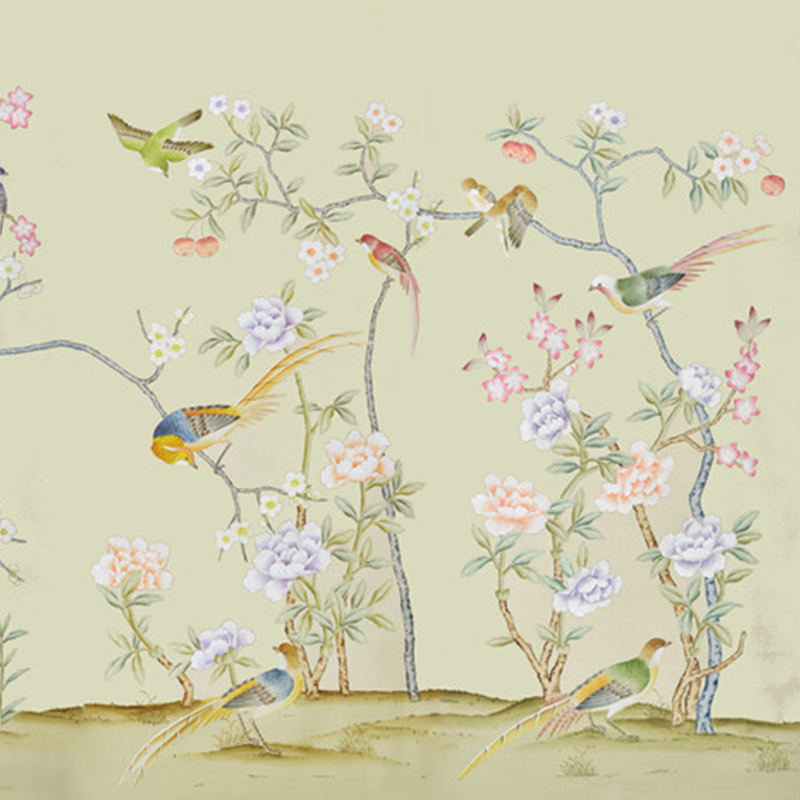 Bird Elegant beige hand-painted wallpaper