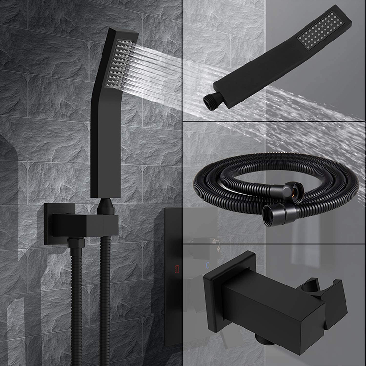 Black Thermostatic Rain Shower Head Faucet Set