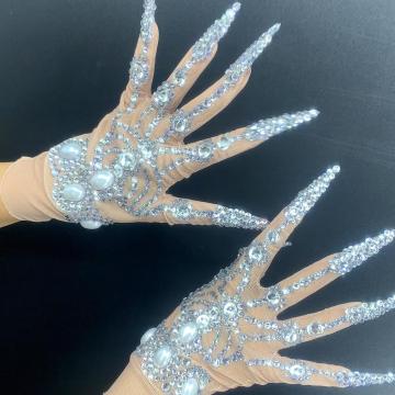 Flash Rhinestone Gloves Dj Dancer Singer Costume Collocation Women Stage Performance Wear Drag Queen Costume Pearl Gloves 2622