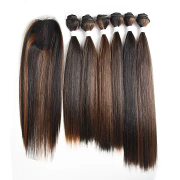 X-TRESS Popular 14"16"18" Straight Synthetic Hair Weave Bundle With Closure 6 Pcs/Pack Ombre Colored Hair Extensions For 1 Head