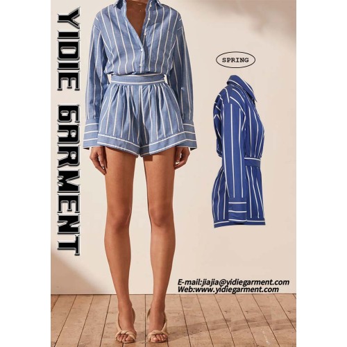 Striped Long Sleeve Drawstring Waist Flared Short Jumpsuits