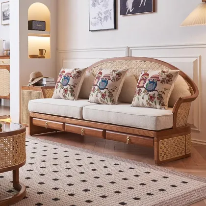 Nordic Vintage Living Room: Simple Casual Solid Wood Rattan Sofa for New Chinese Villa Homestay