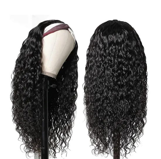 Discount Wholesale Brazilian Human Hair Water Wave Headband Wigs Remy Hair Non Lace Glueless Machine Made Wigs for Black Women