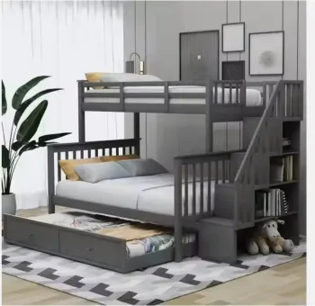 Durable Multifunctional Gray Wooden Bunk Bed