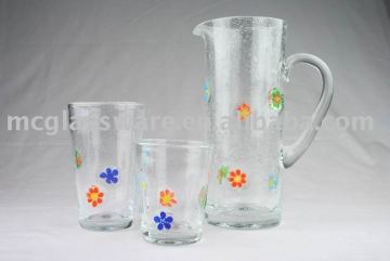 Handmade clear bubble pitcher with flower ornament chip