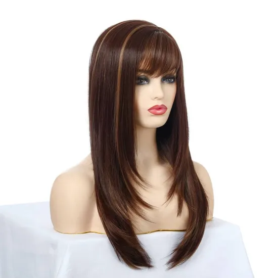 Highlight 4/27 Straight Human Hair Wig with Bang 250% Density Wholesale Price Full Machine Made Wig with Fringe for Black Women