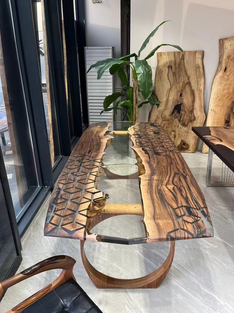 Modern Furniture Direct Solid Walnut Wood Cafe Coffee Kitchen Restaurant River Dining Table Epoxy Resin Slab