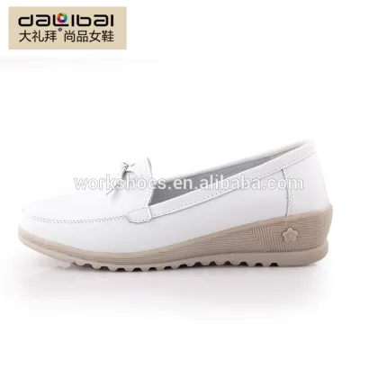 Comfortable White Leather Slip On Bow Front Nurse Shoes