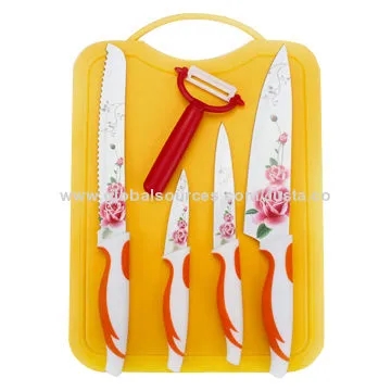 Flower Non-stick Coating Knives with Chopping Board, PP Handle
