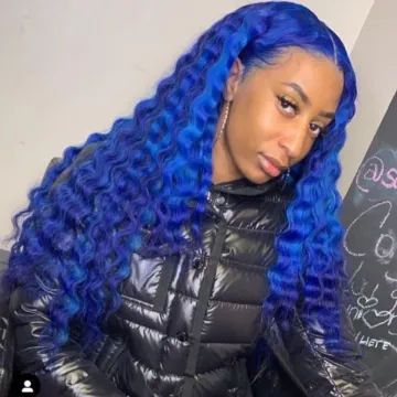 blue color long kinky curly human hair full lace wig, highlight blue color deep wave curly lace closure wig