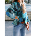 Women's Chiffon Boho Print Puff Sleeve Shirt