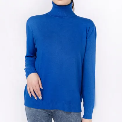 Blue Ripped Turtleneck Knitwear Wool Sweater for Women
