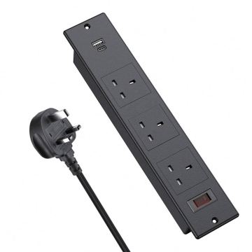 Black Furniture Desktop Power Socket with 3 UK Plugs and 2 USB Ports