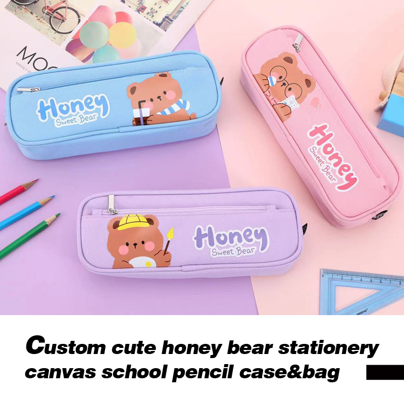 Benutzerdefinierte süße Honigbärenstil Stationery Canvas Bleistift Koffer für Schulmädchen