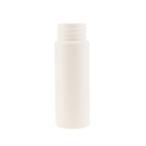 Botella cilíndrica de HDPE blanca de 70 ml con cuello de 30 mm