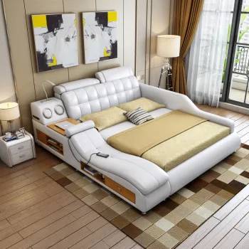Multi-function Storage Bed with Leather Tatami, Multimedia Speakers, USB Charger, and Massage