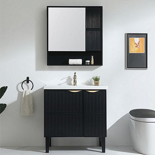 Armário de banheiro de madeira maciça de PVC preto