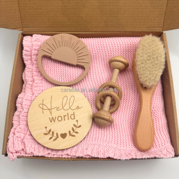 5-Piece Newborn Milestone Gift Set: Wood Brush Rattles, Teething Toy, Baby Knit Blanket with Embroidered Name, Combed Cotton Quilts