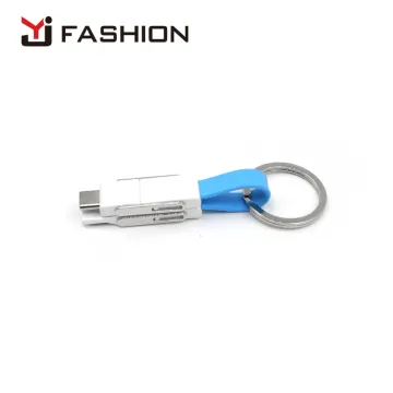 Customized logo 4 in 1 USB Cable keychain keyring charger for iPhone + Micro USB+ USB-C, support phone to phone charging