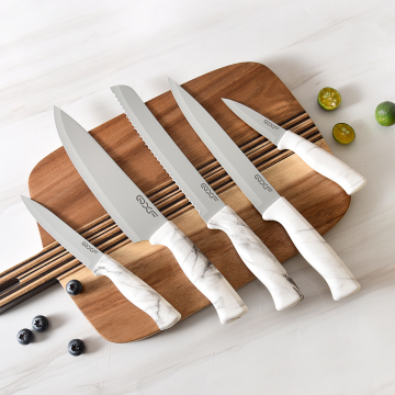 Stainless Steel Chef Knife Set with White Marble Design Handles