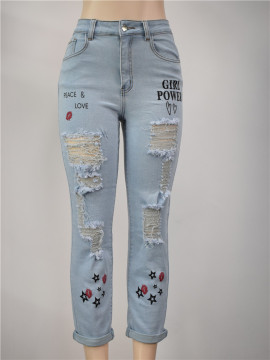 Women's denim printed & emb skinny with destructions