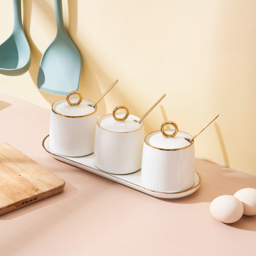 Cold Rim Luxury Kitchen Porcelain Seasoning Jar Set with Spoon and Tray
