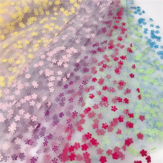 100% Polyester flower flocking printed tulle fabric