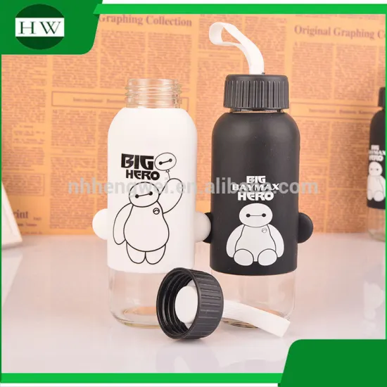 portable cartoon Baymax silicone glass drinking juice milk water bottle mug cup