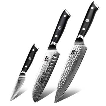 SHANZU Professional 3-Piece Japanese-Style G10 Handle Damascus 10Cr Steel Sharp Kitchen Chef Knife Set