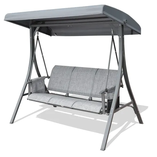 Outdoor Durable 3-Seat Patio Swing Chair with Adjustable Canopy and Side Pockets