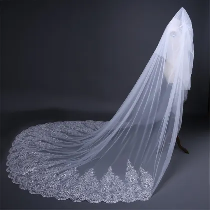 EU Trailing Wedding Veil with Sequins Lace and Diamond Bridal Veil