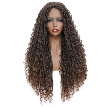 28inch  Braided Wigs Lace Front Wigs With Curly Faux Locs Crochet Braid Hair Ombre Brown Synthetic Dreadlock Wig