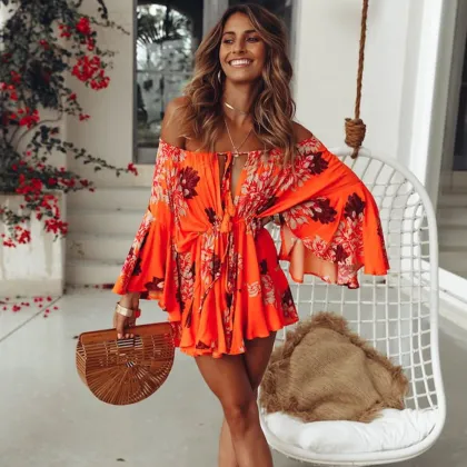 Hot Selling Bohemian Summer Dresses Women Printed Off Shoulder Ruffled Dress Jumpsuit Beach Vestidos