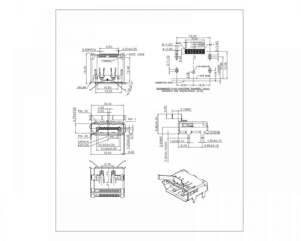 Afficher le port SMT avec clips, la jambe de coque 2.0 mm