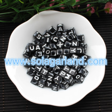 7x7MM Black Square Cube Beads With White Alphabet Letters A - Z