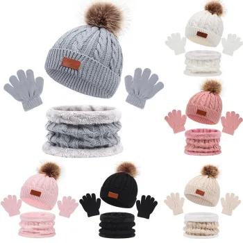 Cute Custom Style Winter Warm Knit Beanie Hat and Scarf 3-Piece Set