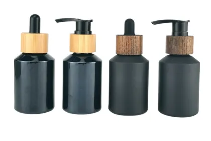 Matte Black Glass Lotion Bottle Bamboo caps