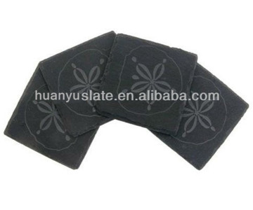 Flower design black square slate coaster