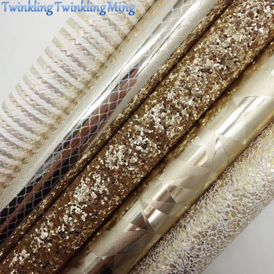 GOLD Glitter Fabric, Metallic Faux leather, Stripes Synthetic Leather Sheets For Bow A4 21x29CM Twinkling Ming XM001C