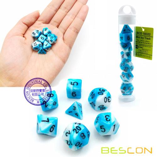 Bescon Mini Gemini Deux Tons Polyédriques RPG Dice Set 10MM, Petit Mini Jeu de Rôle RPG Jeu Dice Set D4-D20 en Tube, ICY TRACK