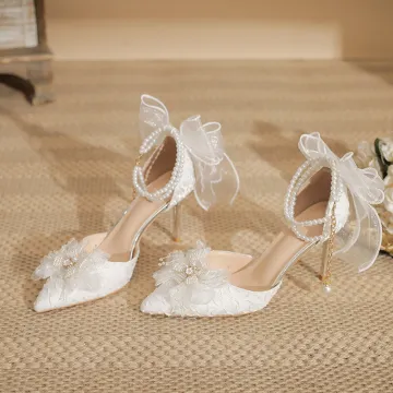 Wedding and Party High Heels: White Pointed Shoes with Thin Heel, Hollow Design, Large Size 43, Bridesmaid Pearls - Women's Footwear