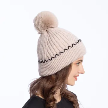 Women's Winter Windproof Custom Beanie Hat with Fur Pom Pom