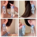 Blue and Pink Crystal Flowing Fringe Flower Earrings
