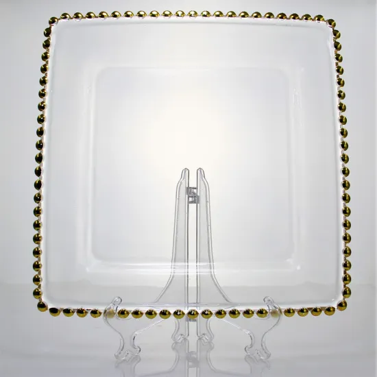 Square Gold Rim Beaded Transparent Glass Charger Plate