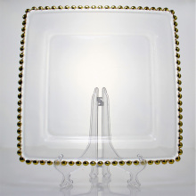 Square Gold Rim Beaded Transparent Glass Charger Plate