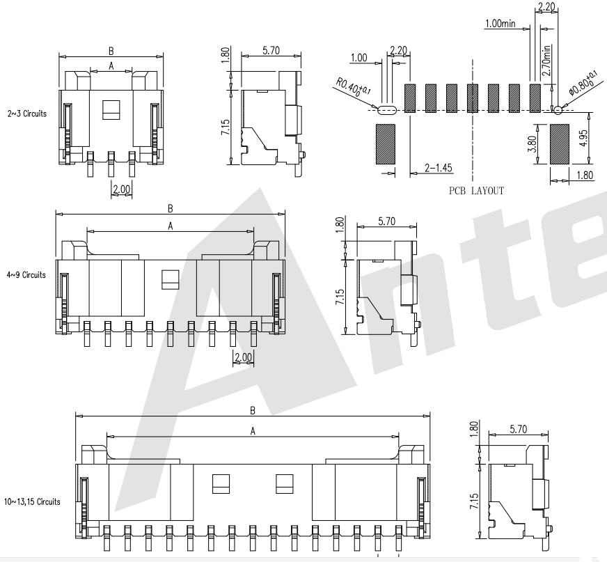 2,0 -mm -Tonhöhe 90 ° SMT Wafer -Stecker mit Pfosten