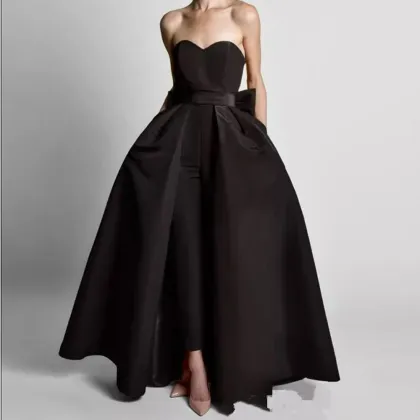 Modest Satin Wedding Jumpsuit with Detachable Skirt, Sweetheart Bowtie Prom Dress