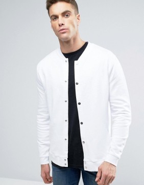 Custom Baseball Collar Press Stud Placket Side Pockets White Men's 100% Cotton Casual Plain Design Button Openning Sweatshirt